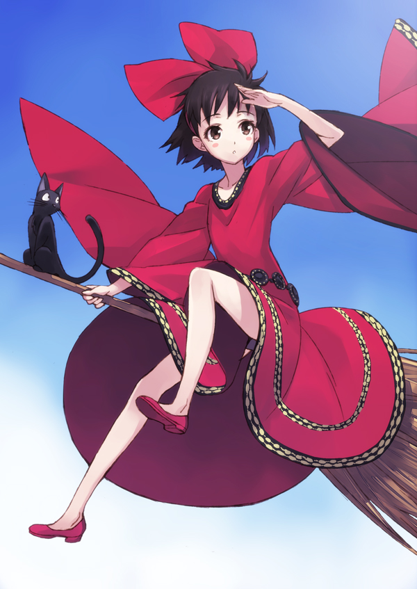 alternate_costume animal bare_legs black_cat black_hair blush blush_stickers bob_cut bow broom broom_riding brown_eyes cat dress hair_bow jiji_(majo_no_takkyuubin) kiki long_sleeves majo_no_takkyuubin matsuryuu red_dress short_hair studio_ghibli wide_sleeves wind witch