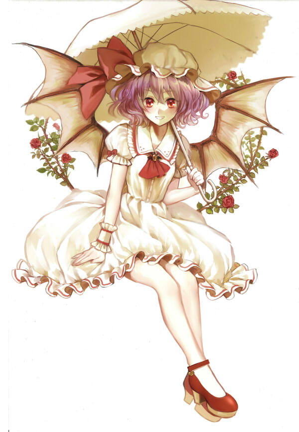 bad_id bad_pixiv_id bat_wings brooch dress flower grin jewelry purple_hair red_eyes remilia_scarlet rose shiba_0 short_hair smile solo touhou umbrella wings wrist_cuffs