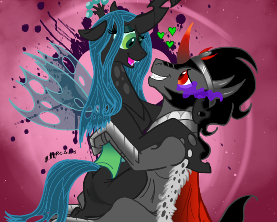 &lt;3 abstract_background cape changeling couple crown duo equine evil eye_contact female feral friendship_is_magic horn horse intelligent-zombie king_sombra_(mlp) love male mammal my_little_pony pony queen_chrysalis_(mlp) unicorn wings