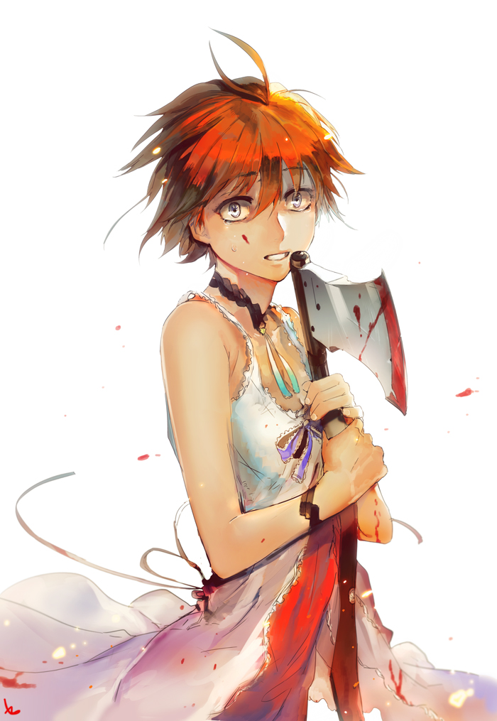 axe bad_id bad_pixiv_id bare_shoulders blood blood_on_face dress grey_eyes jewelry necklace orange_hair original short_hair solo tears weapon zis