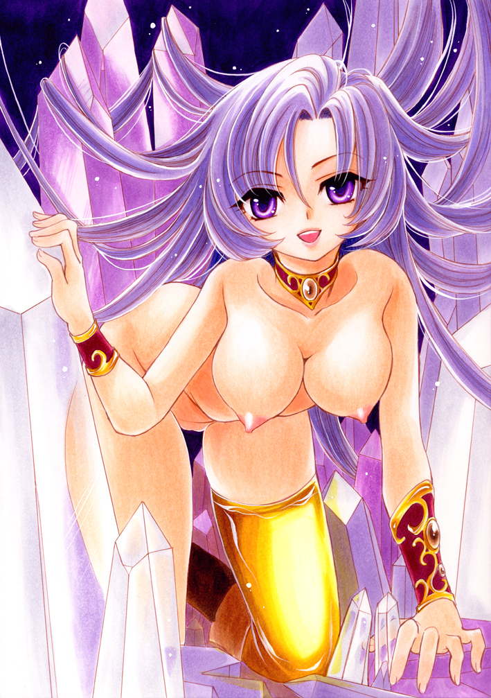 1girl all_fours blush breasts choker female hanging_breasts long_hair looking_at_viewer nipples nude open_mouth original purple_eyes purple_hair smile solo thighhighs yatengetsu