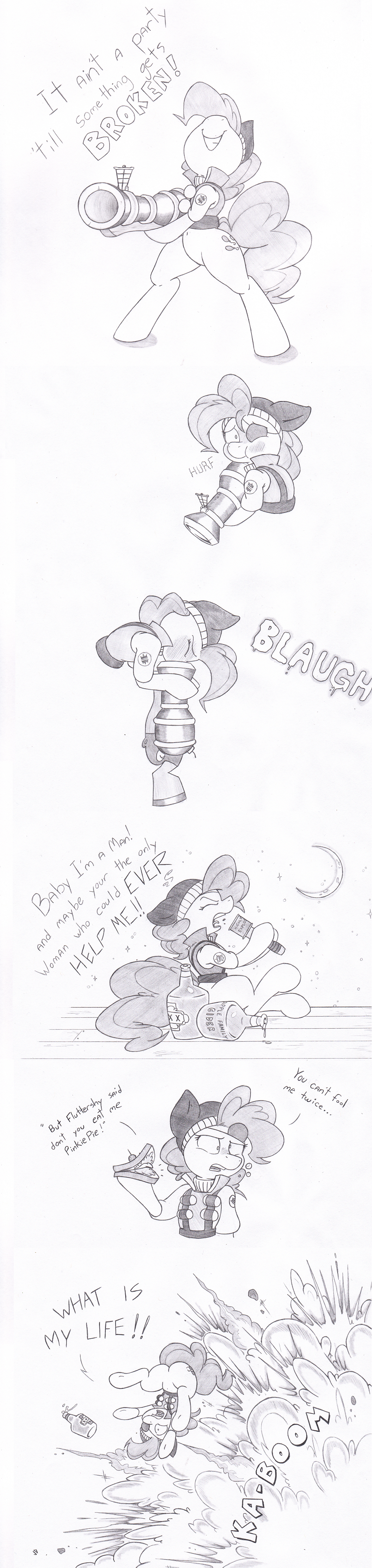 alcohol beverage black_and_white body_armor bottle bubble bubbles clothing comic cutie_mark demoman_(team_fortress_2) dialog english_text equine explosion eye_patch eyewear female food friendship_is_magic grenade grenade_launcher hand_grenade horse joey-darkmeat mammal monochrome moon my_little_pony night pinkie_pie_(mlp) pony sandwich sandwich_(food) sick singing skull_cap solo stars team_fortress_2 text vomit