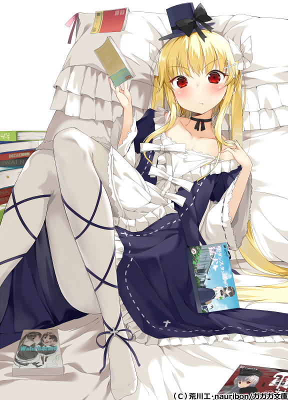 ankle_lace-up bed blonde_hair blush book cross cross-laced_footwear dress frills gothic_lolita hair_ornament hat lolita_fashion long_hair looking_at_viewer nauribon off_shoulder open_book original pantyhose red_eyes ribbon solo very_long_hair white_legwear