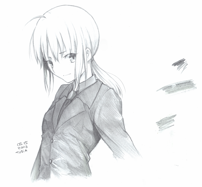 artist_name artoria_pendragon_(all) dated fate/zero fate_(series) formal graphite_(medium) greyscale long_hair monochrome necktie ponytail saber scan smile solo suit traditional_media tusia