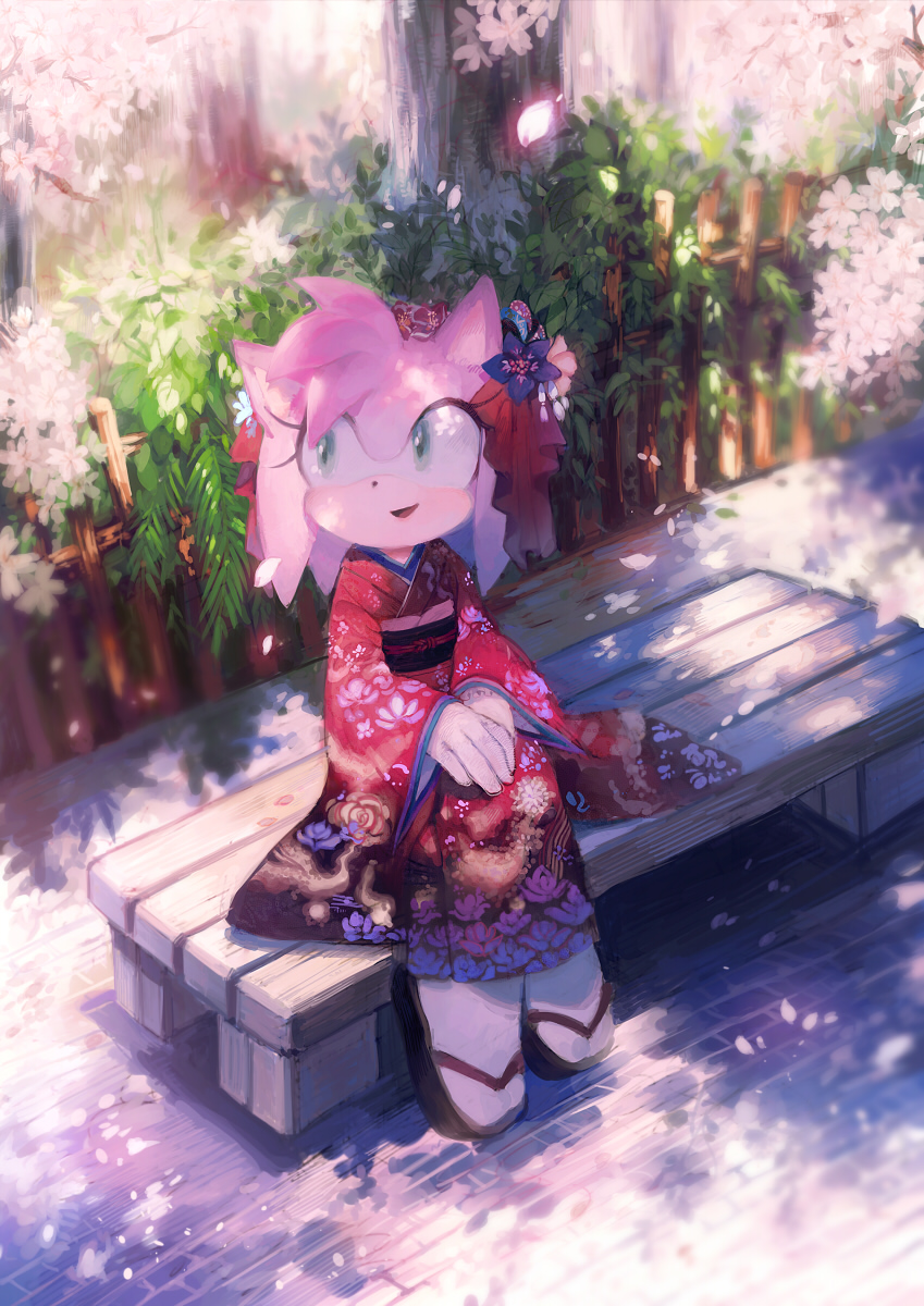 amy_rose aoki_(fumomo) bad_id bad_pixiv_id cherry_blossoms commentary_request flower furry geta hair_flower hair_ornament highres japanese_clothes kimono petals sitting smile solo sonic_the_hedgehog tabi