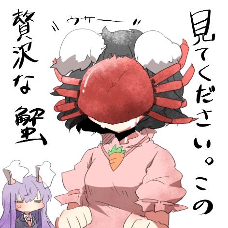 =_= animal_ears bad_id bad_twitter_id black_hair blush bunny_ears carrot closed_eyes crab inaba_tewi jewelry long_hair lowres multiple_girls pendant purple_hair rebecca_(keinelove) reisen_udongein_inaba short_hair touhou translated