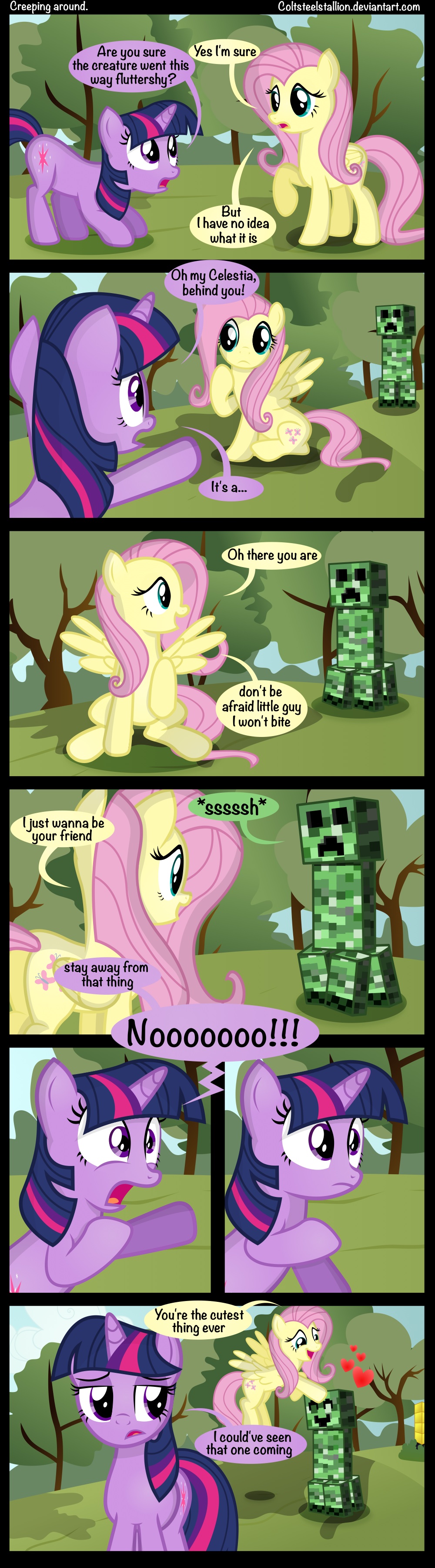 &lt;3 coltsteelstallion comic creeper cutie_mark dialog english_text equine eyes_closed female feral fluttershy_(mlp) forest friendship_is_magic frown fur grass green_eyes group hair horn horse looking_at_viewer mammal minecraft multi-colored_hair my_little_pony open_mouth outside patting_head pegasus petting pink_hair pointing pony purple_eyes purple_hair shadow sitting sky smile spreading standing text tongue tree twilight_sparkle_(mlp) unicorn video_games wings yelling yellow_fur