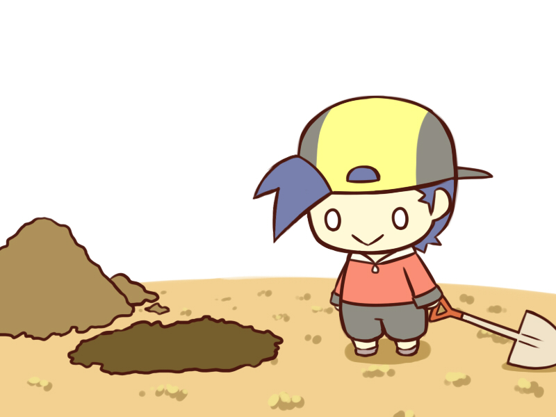 :&gt; cafe_(chuu_no_ouchi) chibi dirt gold_(pokemon) hole male_focus pokemon shovel solo