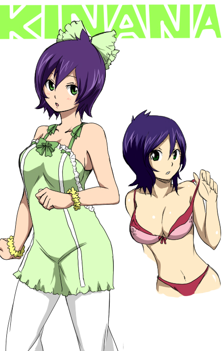 1girl breasts cleavage fairy_tail green_eyes kinana_(fairy_tail) large_breasts lingerie purple_hair ribbon short_hair underwear undressing