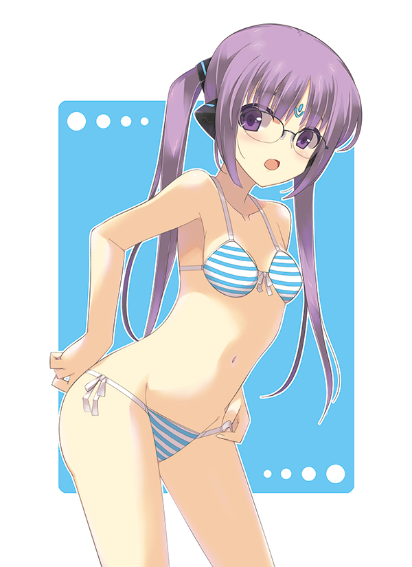 bikini character_request copyright_request dasoku_sentarou facial_mark forehead_mark glasses long_hair purple_eyes purple_hair solo swimsuit twintails