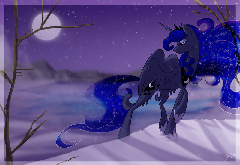 blue_eyes crown cutie_mark equine famosity female feral friendship_is_magic horn horse mammal moon mountain my_little_pony necklace night pony princess_luna_(mlp) snow snowing solo sparkles tree twig walking winged_unicorn wings