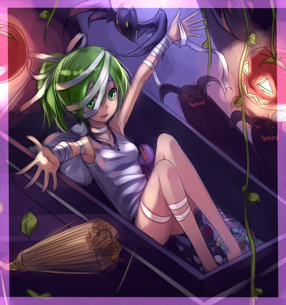 bandages bangs bat border broom coffin collarbone duel_monster green_eyes green_hair hair_ornament hair_tie halloween leaf looking_at_viewer mystic_tomato open_mouth outstretched_arms pillow plant ponytail pumpkin purple_border sidelocks solo spread_arms sukumo_(kemutai) vines wynn yuu-gi-ou