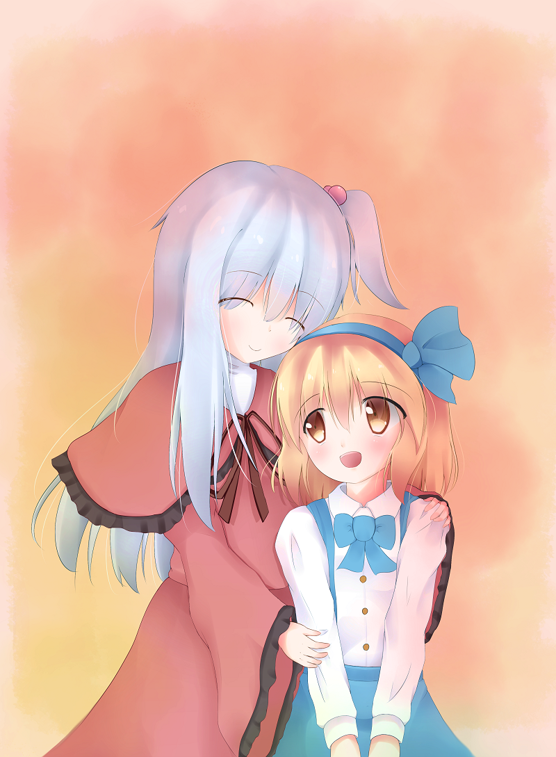 akabeko_(ku-enn) alice_margatroid alice_margatroid_(pc-98) blonde_hair blue_hair bow capelet closed_eyes dress dress_shirt gradient gradient_background hair_bobbles hair_ornament hair_ribbon hand_on_another's_shoulder long_sleeves multiple_girls ribbon shinki shirt short_hair side_ponytail skirt smile suspenders touhou touhou_(pc-98) v_arms wide_sleeves yellow_eyes