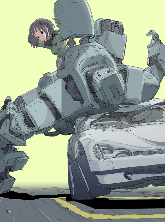 accident bad_id bad_pixiv_id bodysuit broken_glass brown_eyes brown_hair car crushed glass gloves ground_vehicle hand_on_head mecha motor_vehicle original pilot_suit science_fiction sketch sukabu sweatdrop twintails