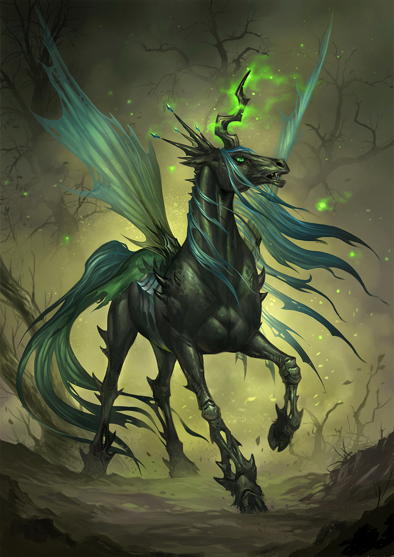 ambiguous_gender changeling equine female feral friendship_is_magic green_eyes green_hair hair hole hooves horn horse magic mammal my_little_pony open_mouth outside queen_chrysalis_(mlp) sandara solo standing winged_unicorn wings