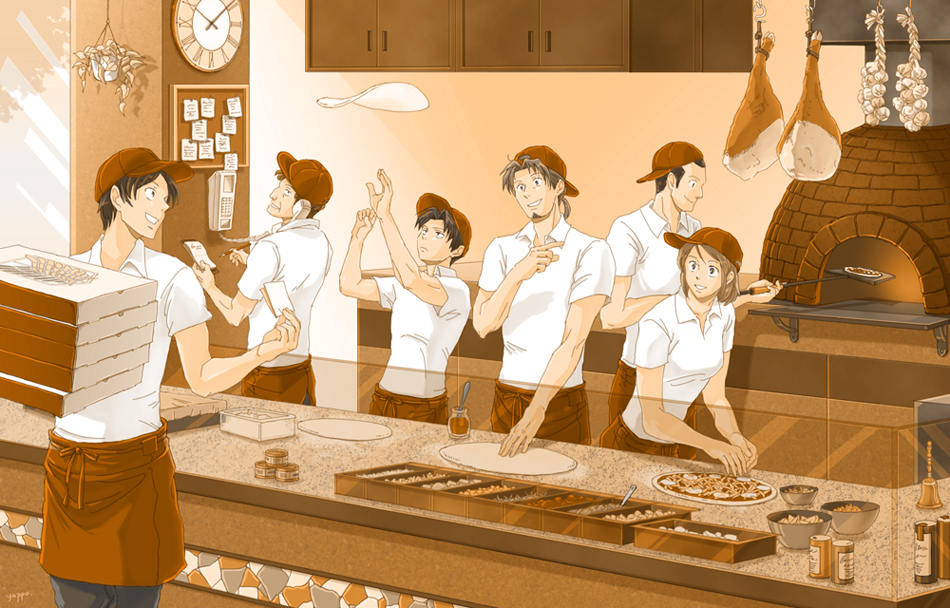 5boys :d analog_clock apron auruo_bossard backwards_hat baking bare_arms baseball_cap bell black_hair black_pants board boned_meat bottle bowl box breasts brick_oven brown brown_hair can clock corded_phone counter cowboy_shot cradling_phone cupboard dough employee_uniform erd_gin eren_yeager facial_hair food garlic glass goatee gunter_shulz handbell hands_up hanging_food hanging_plant hat head_tilt holding holding_pen indoors jar kitchen levi_(shingeki_no_kyojin) looking_at_another looking_back looking_up low_ponytail meat multiple_boys notepad onion open_mouth outstretched_hand oven pants peel_(tool) pen petra_ral phone pizza pizza_box plant pointing polo_shirt profile red_apron red_hat restaurant roman_numerals shingeki_no_kyojin shirt short_sleeves sideways_hat small_breasts smile standing talking_on_phone tossing uniform waist_apron wall white_shirt window yappo_(point71)