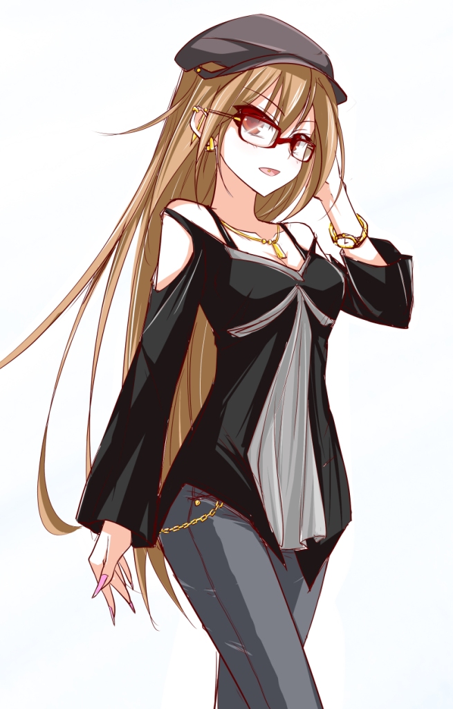 brown_hair character_name glasses hat lindoh_flores long_hair original red-eyes_macadamiachoco solo