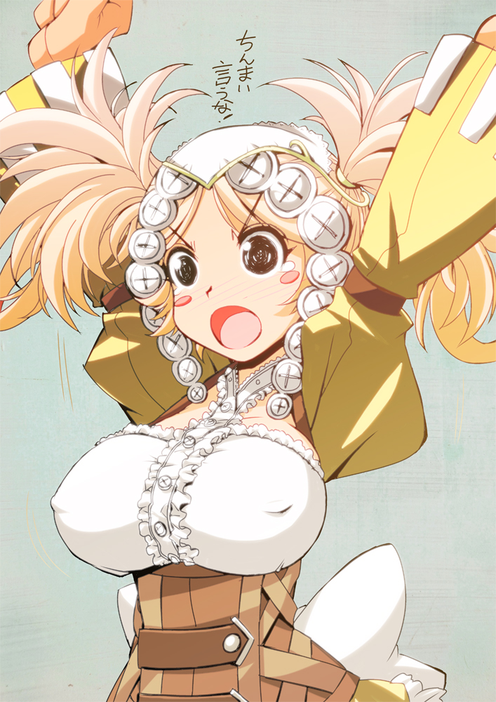 alternate_breast_size arm_garter arms_up bangs black_eyes blonde_hair blush blush_stickers breasts buttons circlet corset covered_nipples fire_emblem fire_emblem:_kakusei frills gloves large_breasts liz_(fire_emblem) muramasa_mikado open_mouth parted_bangs puffy_sleeves solo tears translated twintails wide_sleeves