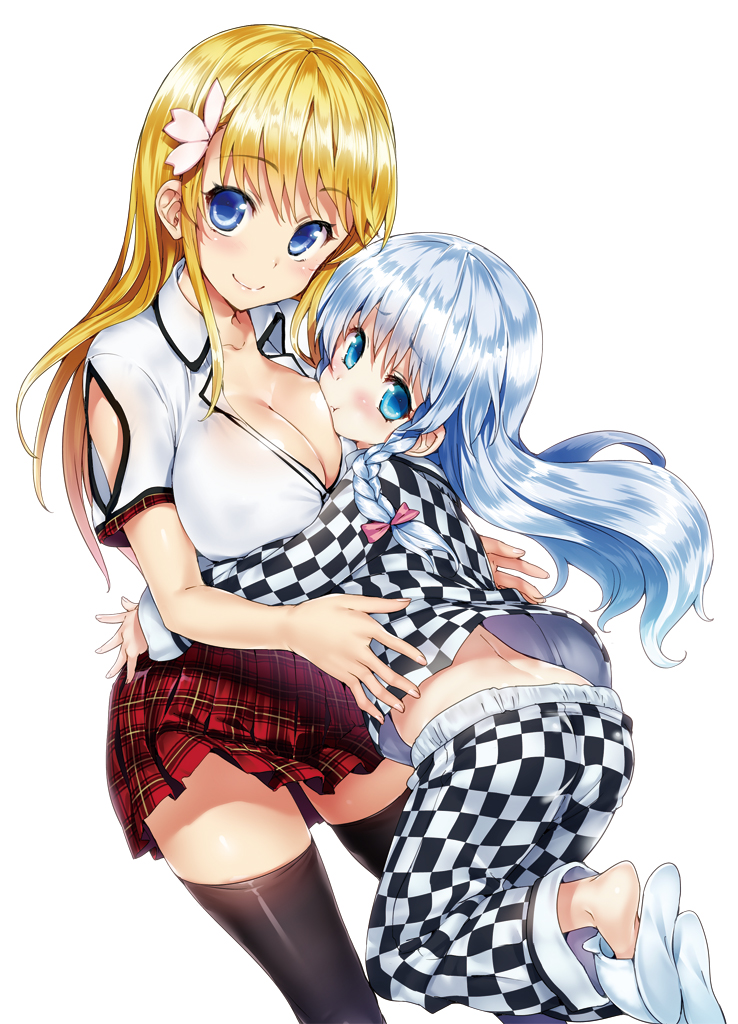 black_legwear blonde_hair blue_eyes blush bow braid breasts character_request cleavage eichi_gakuen_no_under_heart hair_bow hair_ornament hisasi large_breasts long_hair looking_at_viewer multiple_girls official_art pajamas plaid plaid_skirt pout silver_hair simple_background skirt slippers smile thighhighs white_background zettai_ryouiki