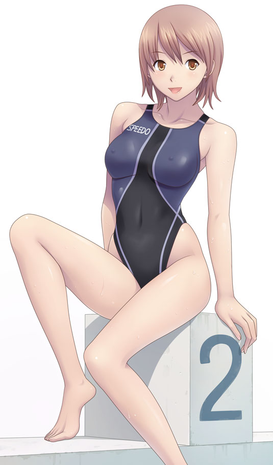 bangs bare_arms bare_shoulders barefoot blush breasts brown_hair collarbone competition_swimsuit copyright_request covered_nipples eyebrows_visible_through_hair feet highleg highleg_swimsuit kuri_(kurigohan) medium_breasts one-piece_swimsuit shiny shiny_clothes shiny_skin short_hair sitting skin_tight smile solo speedo_(company) swimsuit wet yellow_eyes