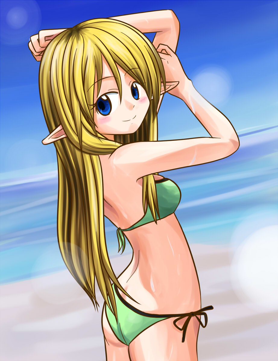 ass beach bikini blonde_hair blue_eyes day elf highres long_hair looking_back lotion original outdoors pointy_ears side-tie_bikini solo sunscreen swimsuit sws