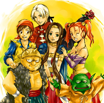 4boys arao_(rosa) brown_hair cape circlet dragon_quest dragon_quest_viii dress everyone green_eyes hero_(dq8) jessica_albert kukuru_(dq8) long_hair lowres medea multiple_boys multiple_girls one_eye_closed red_eyes red_hair trode twintails yangus