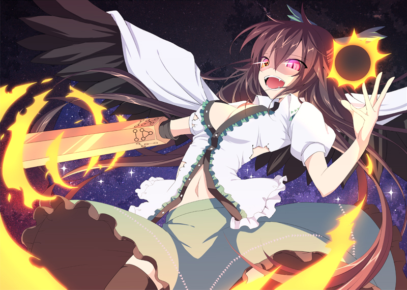 arm_cannon bird_wings black_wings bow breasts brown_hair brown_legwear cape cleavage energy_ball fangs hair_bow koikawa_minoru large_breasts long_hair midriff navel open_mouth pink_eyes radiation_symbol reiuji_utsuho shirt skirt slit_pupils solo space star symbol-shaped_pupils thighhighs third_eye torn_clothes torn_shirt touhou very_long_hair weapon wings zettai_ryouiki