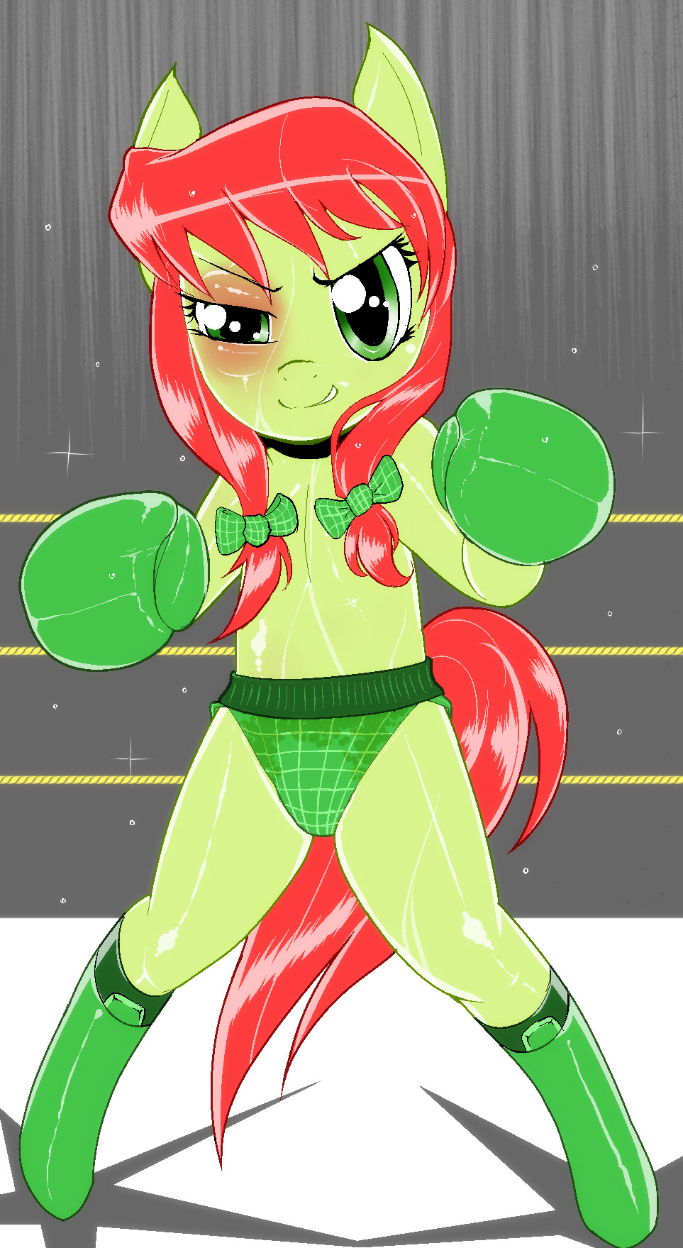 2013 anbx apple_fritter_(mlp) black_eye boxing boxing_gloves equine female friendship_is_magic hair horse looking_at_viewer mammal my_little_pony pony smile solo standing sweat topless underwear wounded