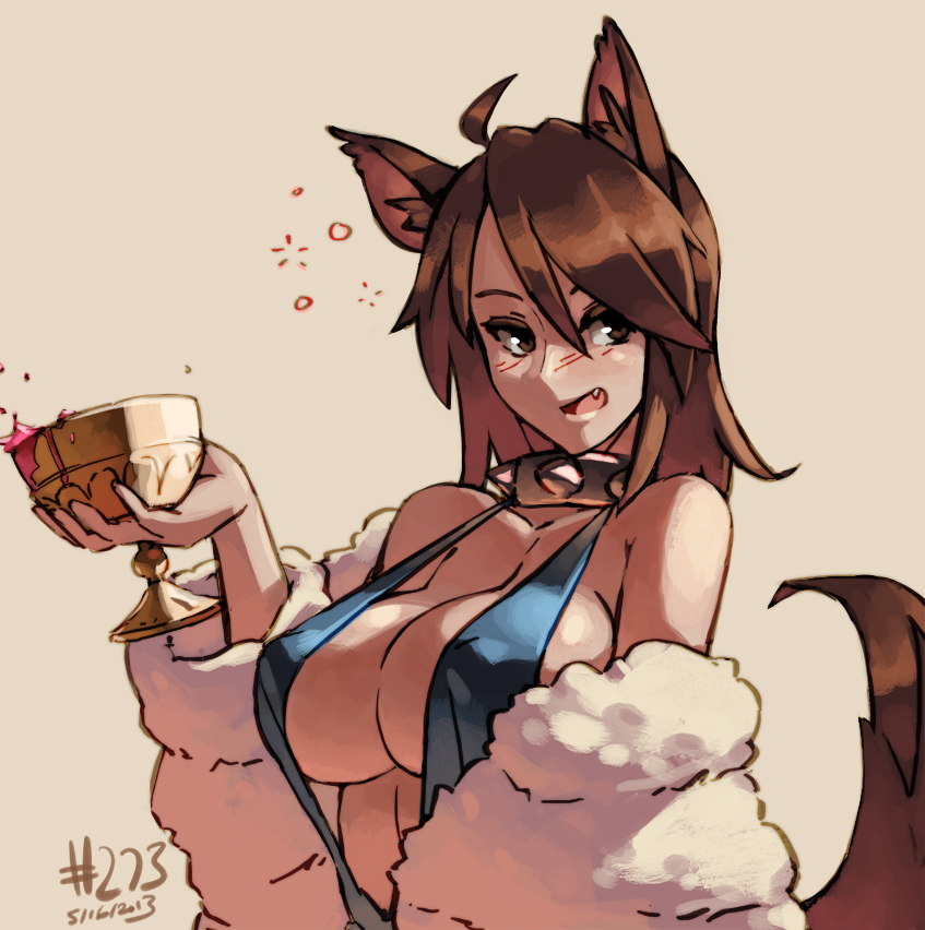 2013 ahoge alcohol animal_ears bare_shoulders blush borrowed_character breasts brown_eyes brown_hair chalice collar covered_nipples dated dog_ears dog_tail drunk fang fur_coat huge_breasts junkpuyo lass_(ego_trigger) off_shoulder original slingshot_swimsuit solo spiked_collar spikes strap_gap swimsuit tail wine