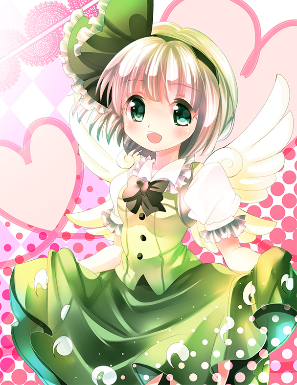 bow bowtie checkered checkered_background gradient_hair green_eyes hair_ribbon heart heart_of_string konpaku_youmu looking_at_viewer multicolored_hair nagare open_mouth pink_background polka_dot polka_dot_background puffy_short_sleeves puffy_sleeves ribbon short_hair short_sleeves skirt skirt_hold skirt_set solo touhou vest wings