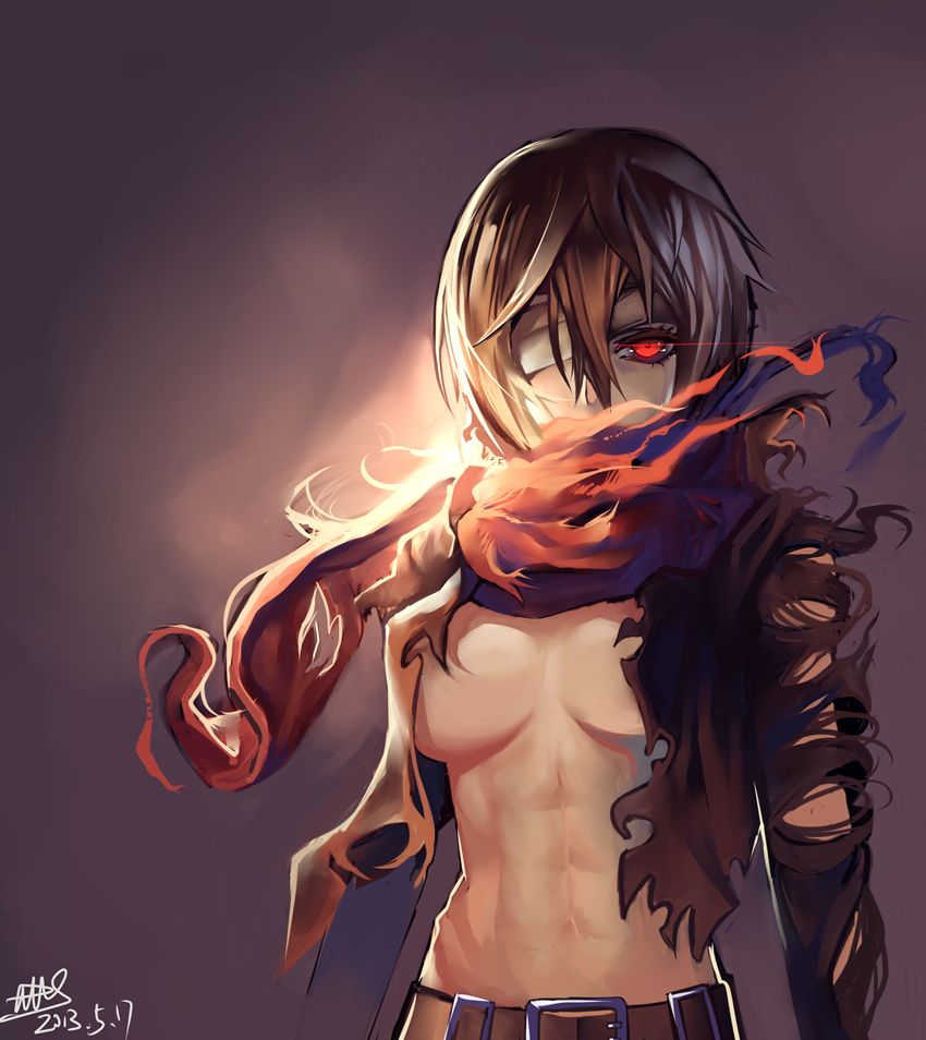 abs bandage_over_one_eye bandages belt black_hair breasts glowing glowing_eye large_breasts mikasa_ackerman navel open_clothes red_eyes scarf shingeki_no_kyojin short_hair solo tianlluo torn_clothes