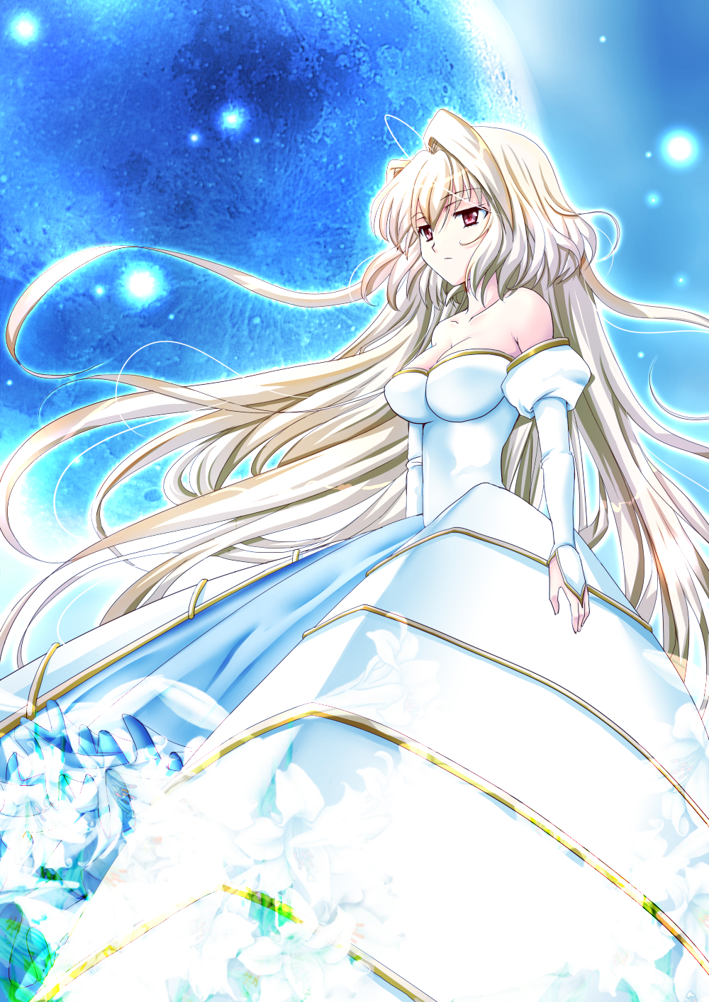 archetype_earth arcueid_brunestud bad_id bad_pixiv_id bare_shoulders blonde_hair breasts chize cleavage dress full_moon highres large_breasts long_hair melty_blood moon red_eyes solo strapless strapless_dress tsukihime very_long_hair