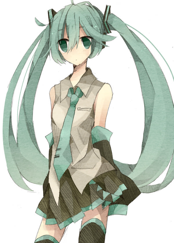 bad_id bad_pixiv_id detached_sleeves green_eyes green_hair hakui hatsune_miku long_hair necktie skirt solo thighhighs twintails very_long_hair vocaloid white_background