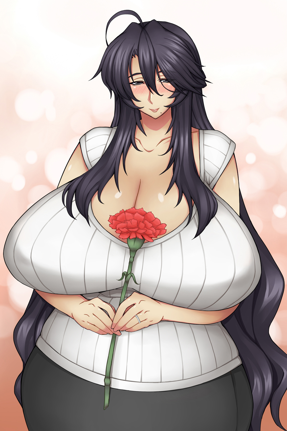 1girl black_hair blush breasts cleavage curvy female flower gigantic_breasts highres kurokagami_ranko lipstick long_hair makeup milf mole otogi_tetsurou smile very_long_hair wide_hips