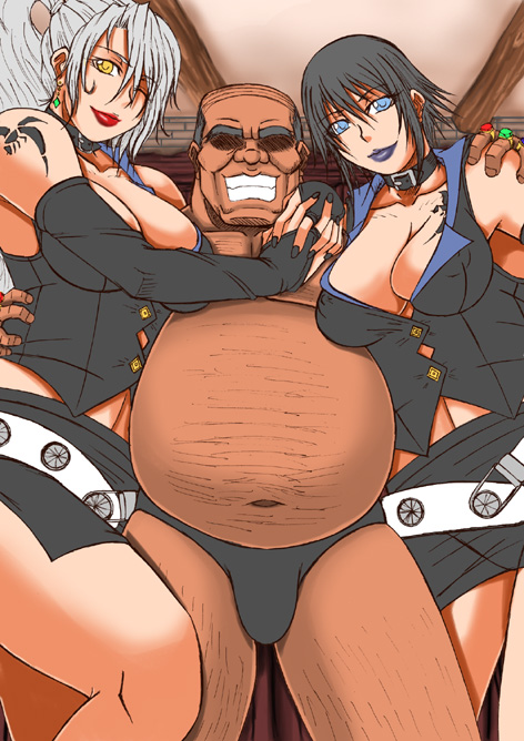 1boy 2girls breasts cleavage collar fat fat_man large_breasts multiple_girls papepox2 tattoo