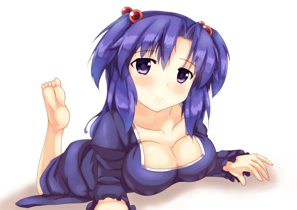 barefoot blue_hair breasts clannad cleavage dress fuyuki8208 hair_bobbles hair_ornament ichinose_kotomi large_breasts long_hair lying on_stomach purple_eyes soles two_side_up