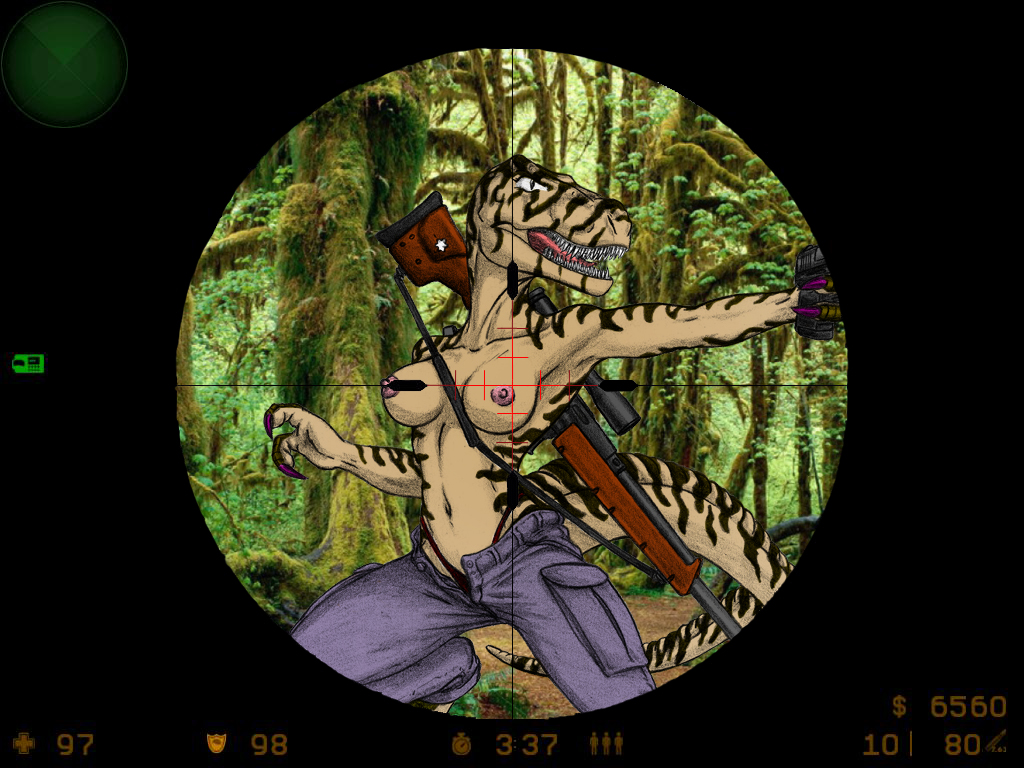 arm_support breasts claws dinosaur edit female forest gun nipples panties predaguy ranged_weapon raptor reptile rifle scalie scope sniper solo stripes teeth topless tree underwear weapon