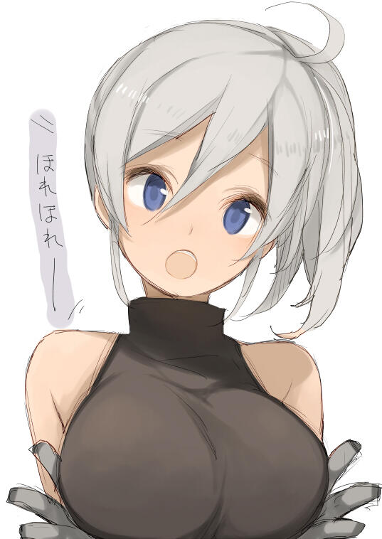 ahoge bad_id bad_pixiv_id bare_shoulders blue_eyes breasts gloves k_(li) large_breasts melty_blood riesbyfe_stridberg short_hair silver_hair sleeveless sleeveless_turtleneck solo taut_clothes translation_request tsukihime turtleneck