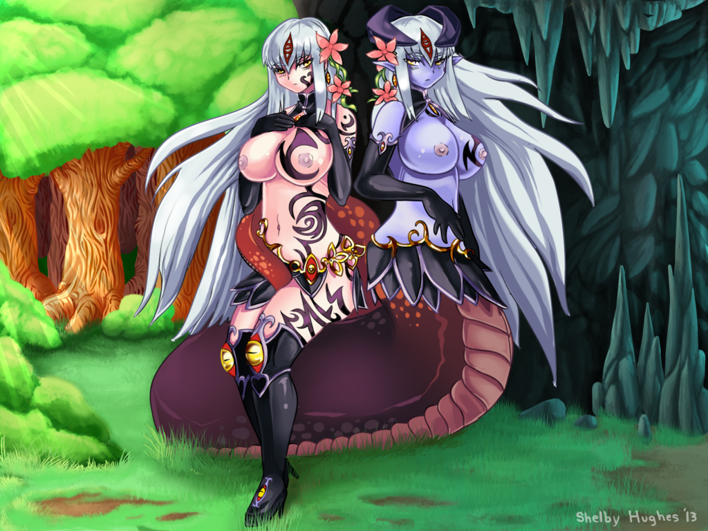alice_(mon-musu_quest!) alisfieze_fateburn_xvi blue_skin breasts dual_persona elbow_gloves gloves high_heels horns lamia large_breasts mon-musu_quest! monster_girl pointy_ears silver_hair tattoo thigh_boots thighhighs yellow_eyes