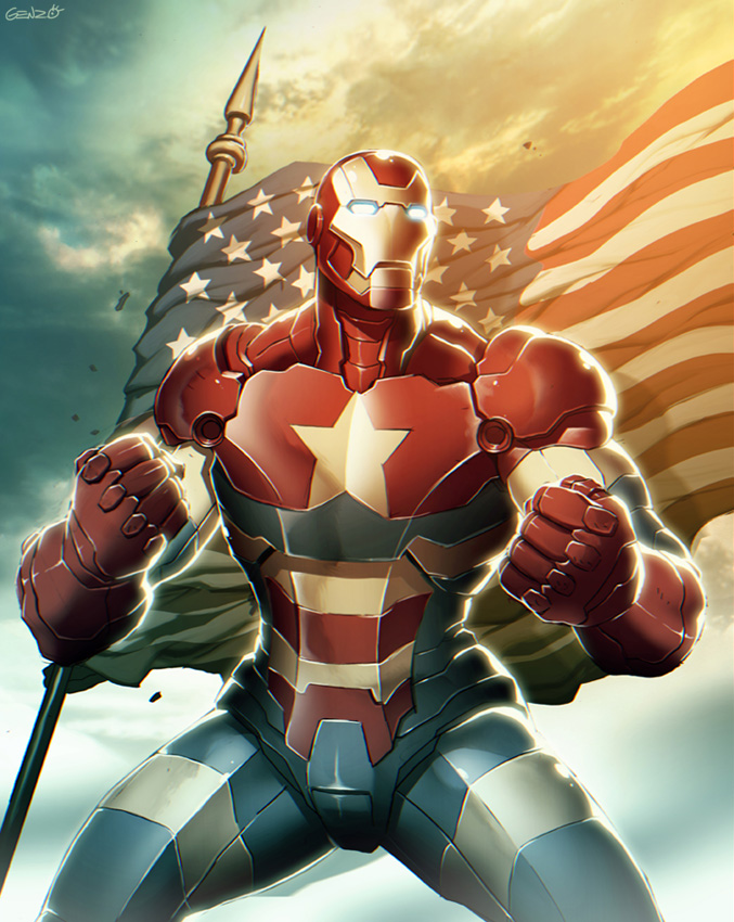 america american_flag clenched_hands collaboration flag genzoman iron_man_(comics) iron_patriot joe_ng male_focus marvel norman_osborn power_armor signature solo