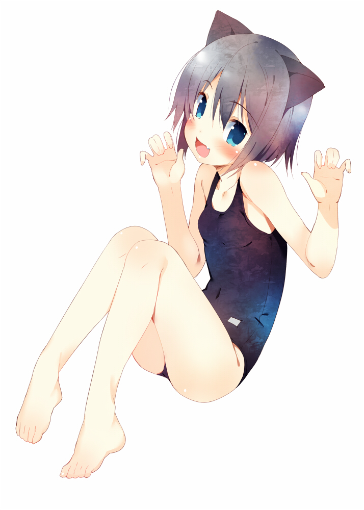 animal_ears barefoot blue_eyes blush cat_ears fang full_body leg_hug looking_at_viewer meito_(maze) one-piece_swimsuit open_mouth original paw_pose school_swimsuit short_hair silver_hair sitting smile solo swimsuit