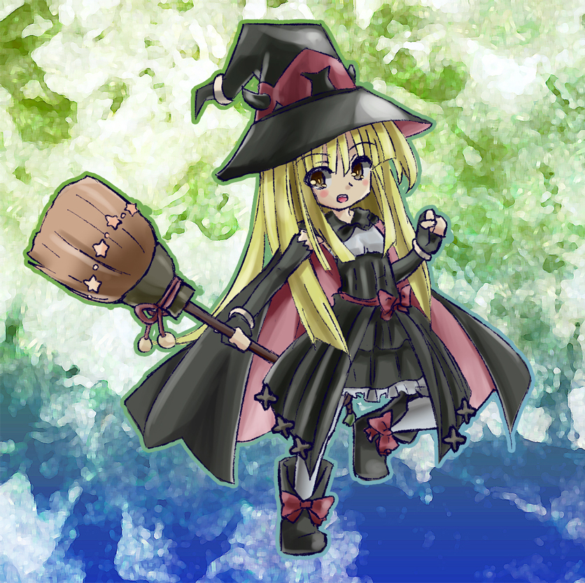 blonde_hair broom cape duel_monster hat horns lolita_fashion witch_hat witch_of_the_ghostrick yellow_eyes yu-gi-oh! yuu-gi-ou_duel_monsters