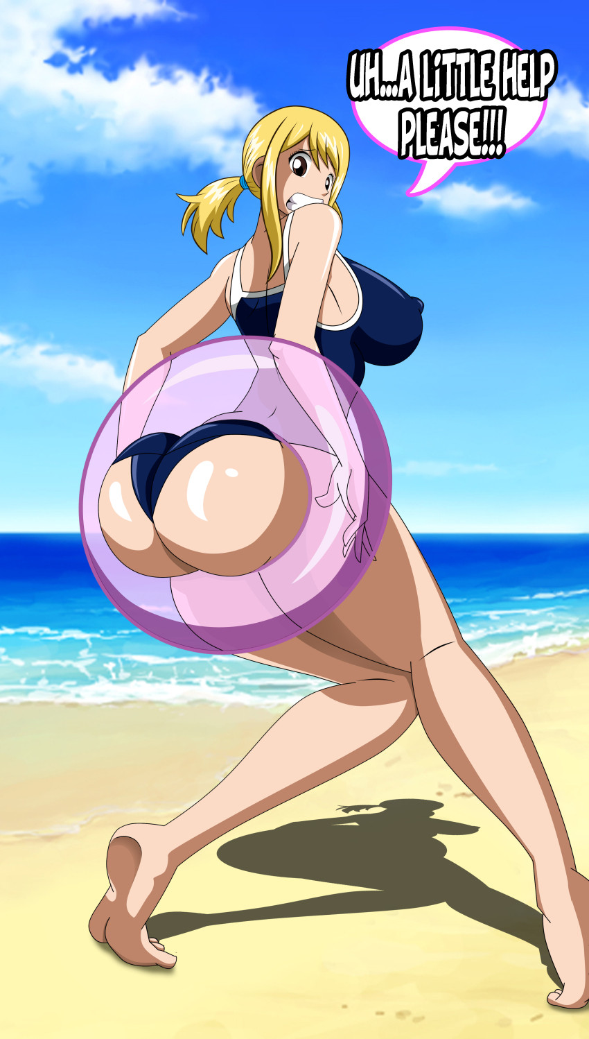 1girl ass beach blonde_hair blue_sky breasts brown_eyes clenched_teeth cloud english fairy_tail female from_behind grimphantom highres large_breasts looking_at_viewer lucy lucy_heartfilia ocean one-piece_swimsuit outdoors ponytail pov_ass sand shadow sky soles solo stuck swimsuit teeth text water
