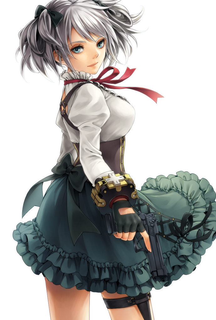 back bad_id bad_pixiv_id beretta_92 black_gloves bow ciel_alencon corset dress fingerless_gloves frilled_dress frills gloves god_eater god_eater_2:_rage_burst gun hair_bow handgun holster looking_at_viewer looking_back lotter75 pistol ribbon short_twintails silver_hair simple_background solo thigh_holster trigger_discipline twintails weapon white_background