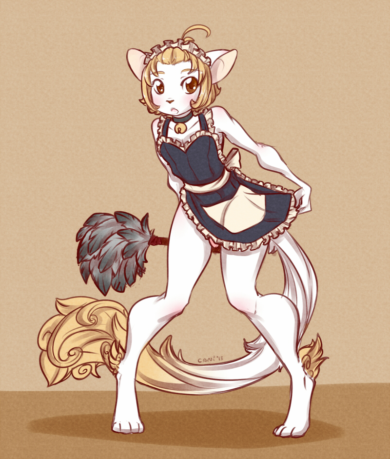 bow caninelove cat collar crossdressing feather_duster feline girly honey_(caninelove) maid maid_uniform male mammal penis ruffles solo standing white_cat