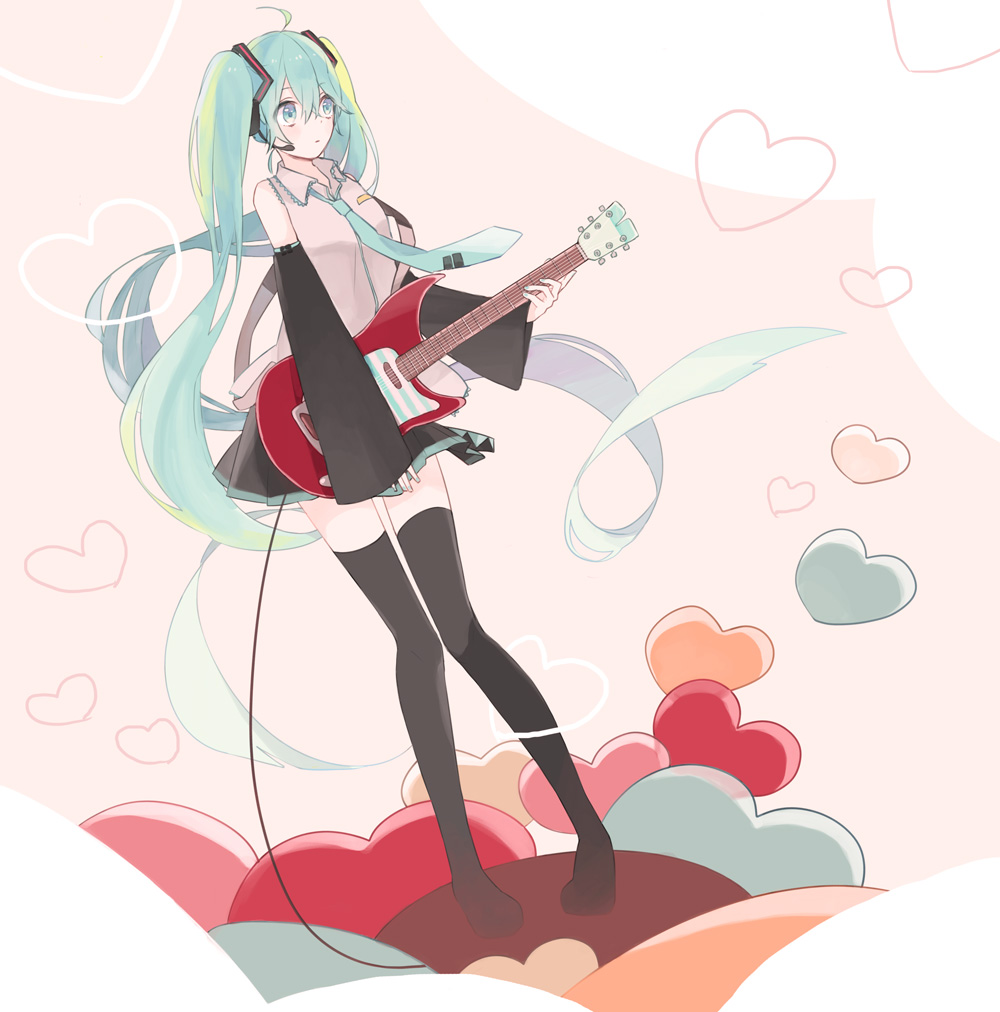 ahoge bad_id bad_pixiv_id detached_sleeves electric_guitar gomi_chiri green_eyes green_hair guitar hatsune_miku headset heart instrument long_hair necktie pigeon-toed skirt solo thighhighs twintails very_long_hair vocaloid