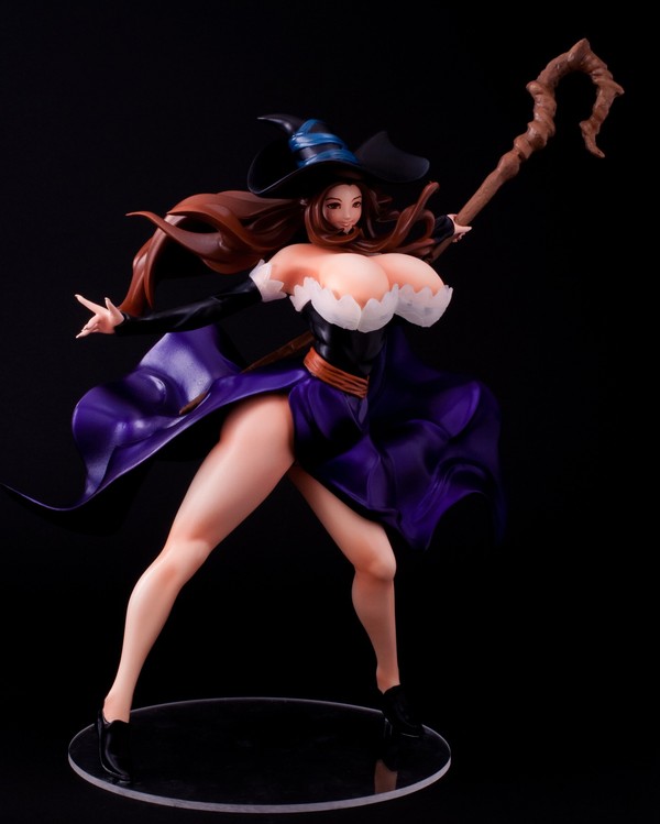 1girl breasts brown_eyes brown_hair cleavage curvy detached_sleeves dragon's_crown dragon's_crown dress figure hat holding huge_breasts legs long_hair solo sorceress sorceress_(dragon's_crown) sorceress_(dragon's_crown) staff statue vanillaware weapon witch_hat