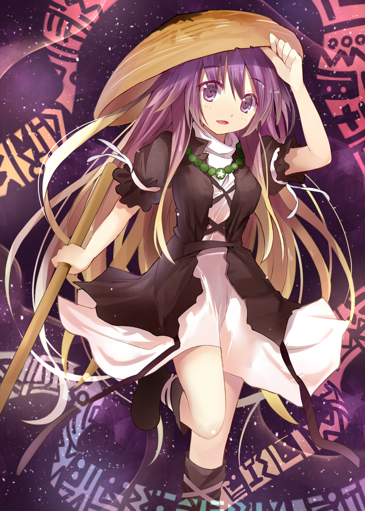 adapted_costume ajirogasa black_dress blonde_hair boots dress efe gradient_hair hand_on_headwear hat hijiri_byakuren jewelry layered_dress long_hair looking_at_viewer multicolored_hair necklace open_mouth polearm puffy_sleeves purple_eyes scroll short_sleeves solo sorcerer's_sutra_scroll standing standing_on_one_leg touhou very_long_hair weapon white_dress