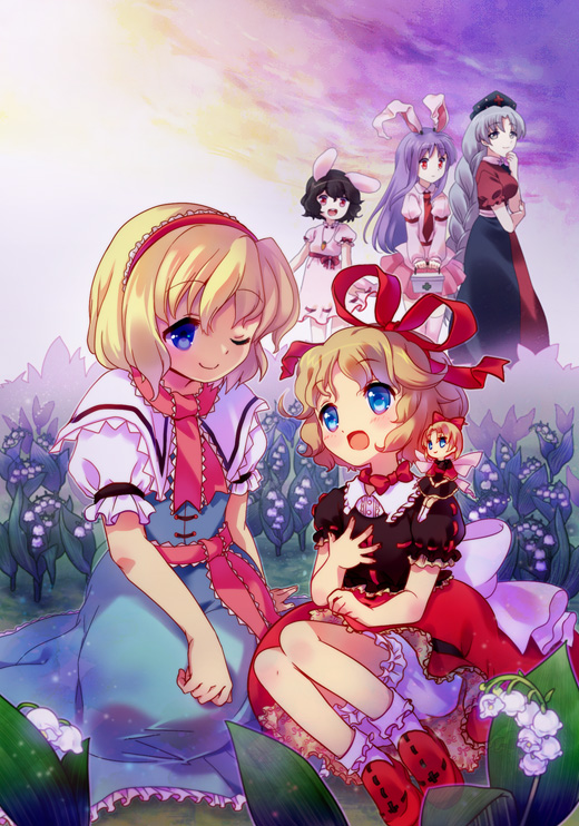 alice_margatroid amo animal_ears black_hair blonde_hair blue_eyes blush bow braid bunny_ears capelet carrot doll dress flower hair_bow hair_ribbon hairband inaba_tewi lily_of_the_valley long_hair medicine_melancholy multiple_girls necktie one_eye_closed open_mouth puffy_sleeves purple_hair red_eyes reisen_udongein_inaba ribbon short_hair silver_hair skirt smile su-san touhou yagokoro_eirin