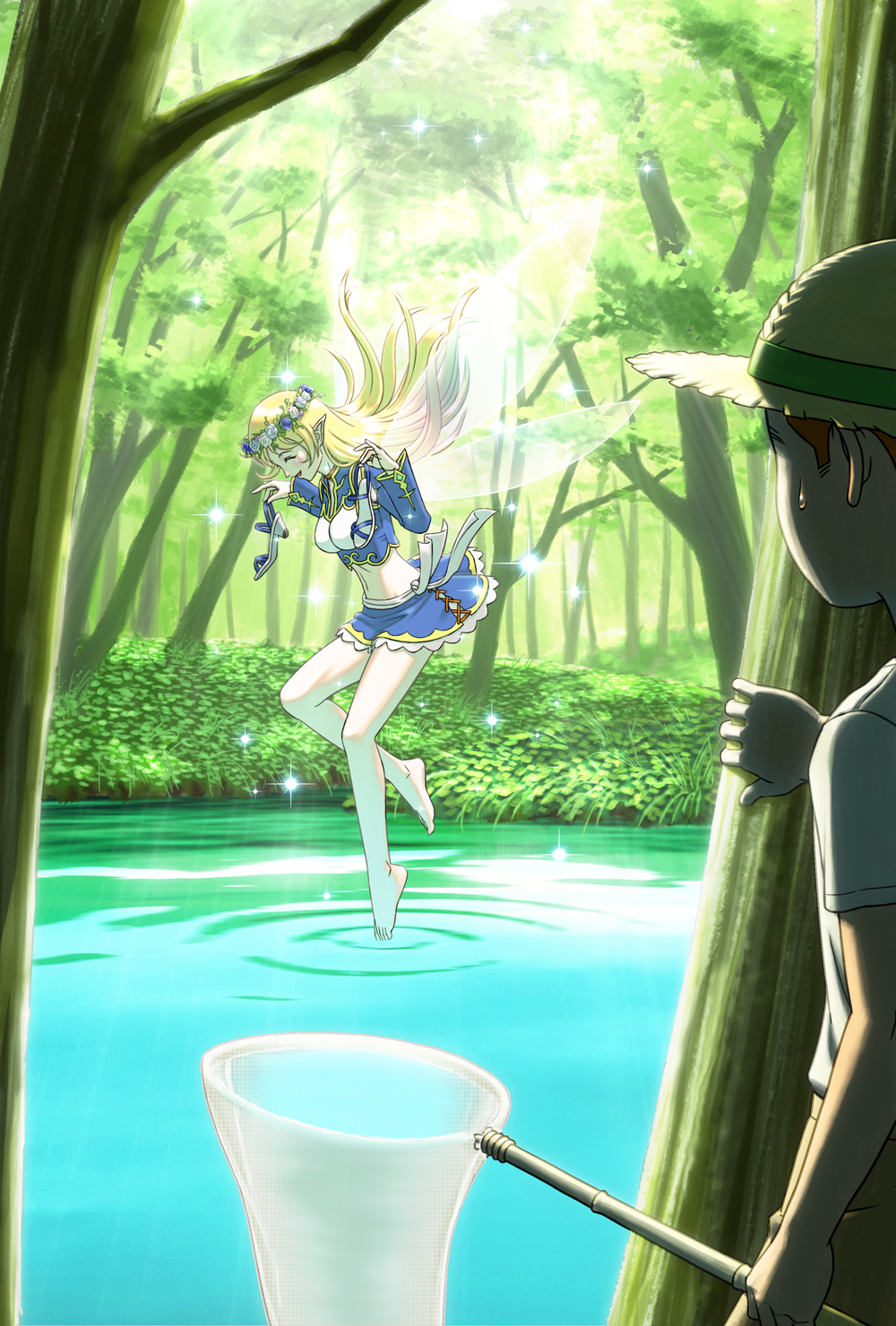 1girl barefoot blonde_hair butterfly_net fairy fairy_wings floating floating_hair flower forest hand_net hat head_wreath highres holding holding_shoes long_hair mankappa midriff nature original pointy_ears sandals shoes shoes_removed skirt smile sparkle standing standing_on_liquid tree water wings